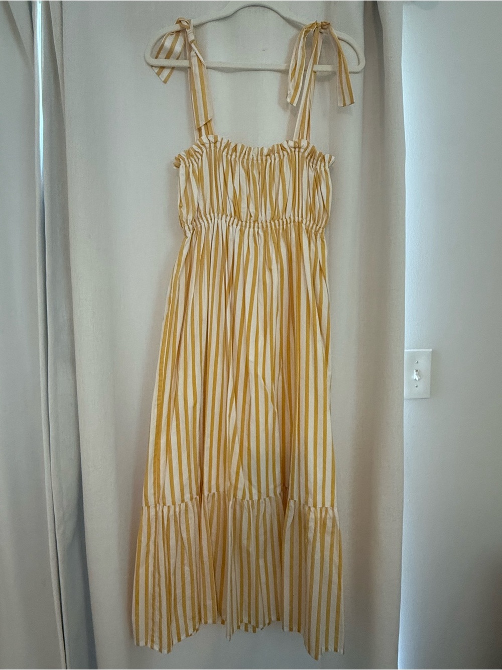 Faithfull the Brand Yellow and White Striped Tie-Shoulder Maxi Dress